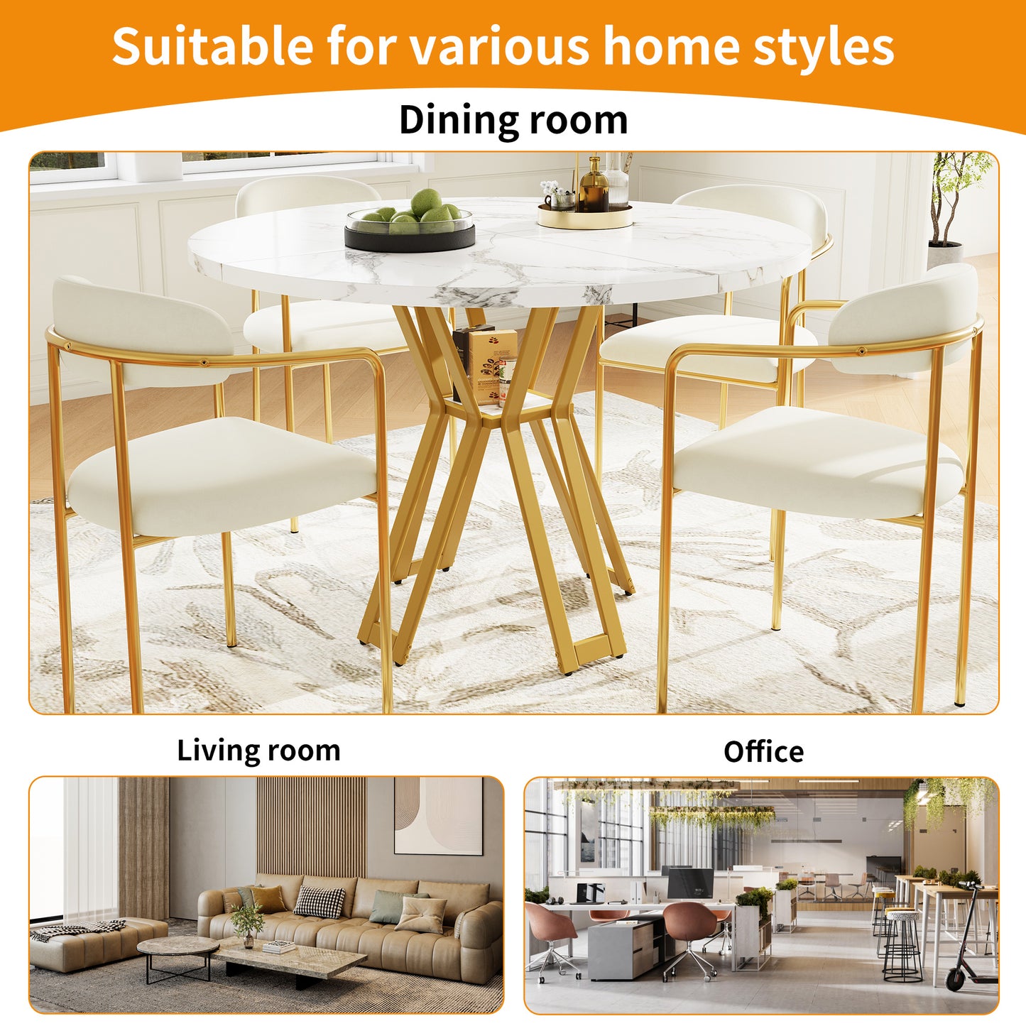 Ronde Eettafel – Ronde Tafel – Design Eettafel – Marmerlook Tafel – Keukentafel – MDF Tafelblad Marmerstructuur – Stevig Gouden Metalen Frame – 100 cm – Voor 4-6 Personen
