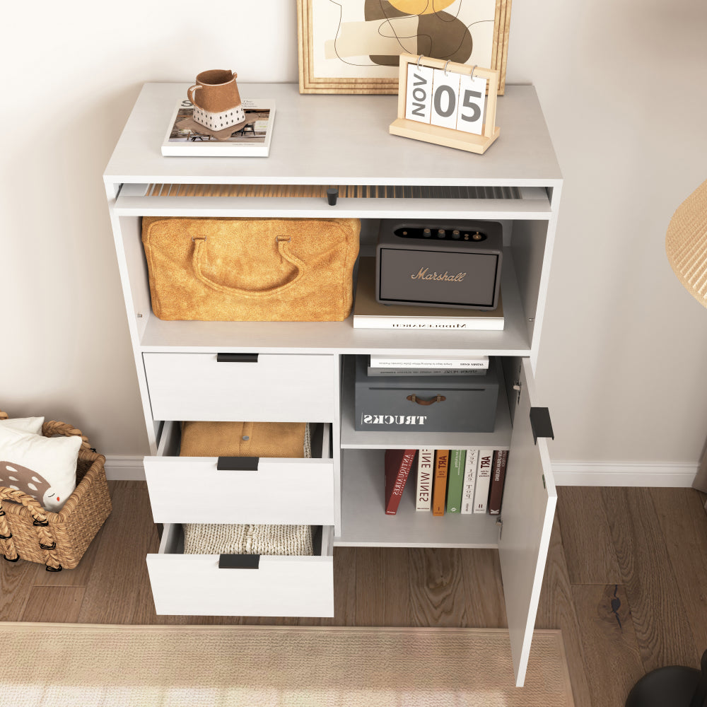 A sideboard featuring three drawers, one door and one glass door, with storage space in the wooden cabinet. Suitable for kitchens, dining rooms and hallways. Dimensions: 85 x 40 x 120 centimetres., Space-Saving Storage Unit,