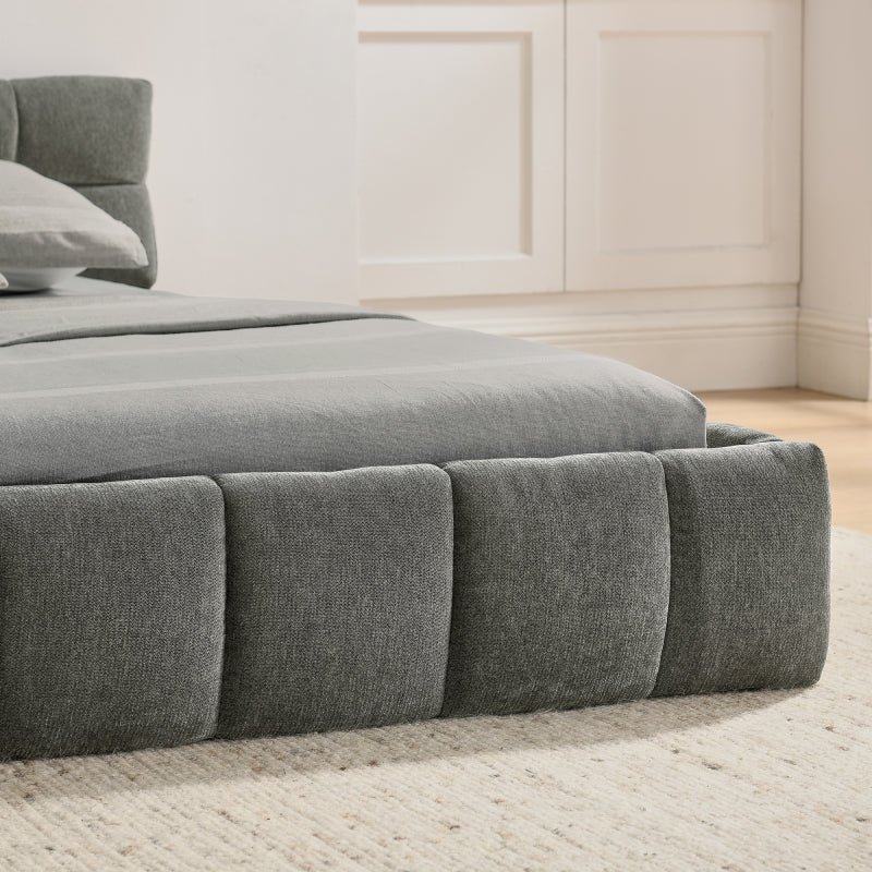 Bedframe – Tweepersoonsbed – Dubbelbed – Slaapbank – Eenpersoonsbed – Chenille Bekleding – 140x200 cm – Ecologisch Eucalyptus Hout – Stabiel IJzeren Frame – Donkergrijs – Eenvoudige Montage