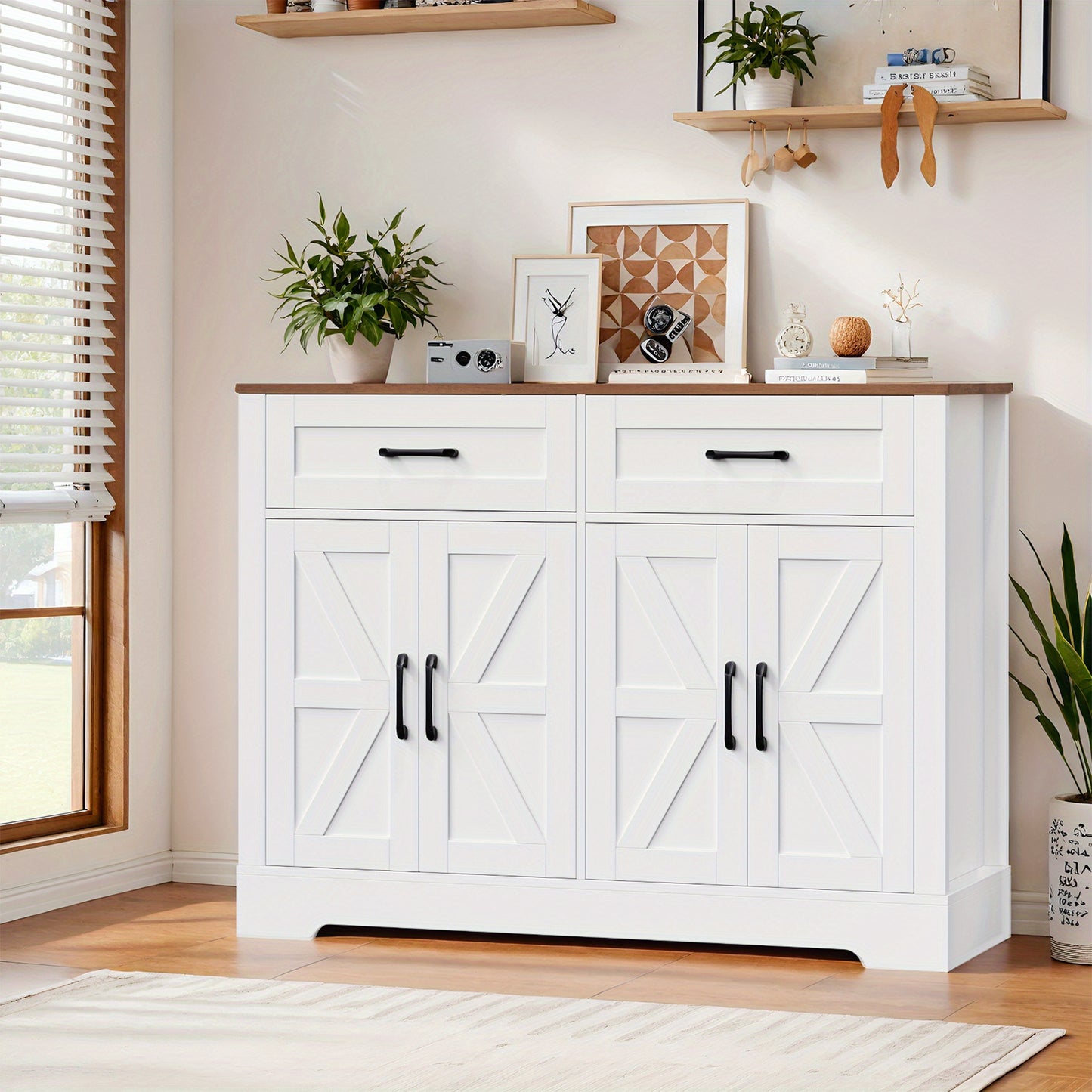 Sideboard – Dressoir – Buffetkast – Opbergkast – Wit/Bruin – 120x40x87 cm – 2 Lades & 4 Deuren – Houtlook Spaanplaat