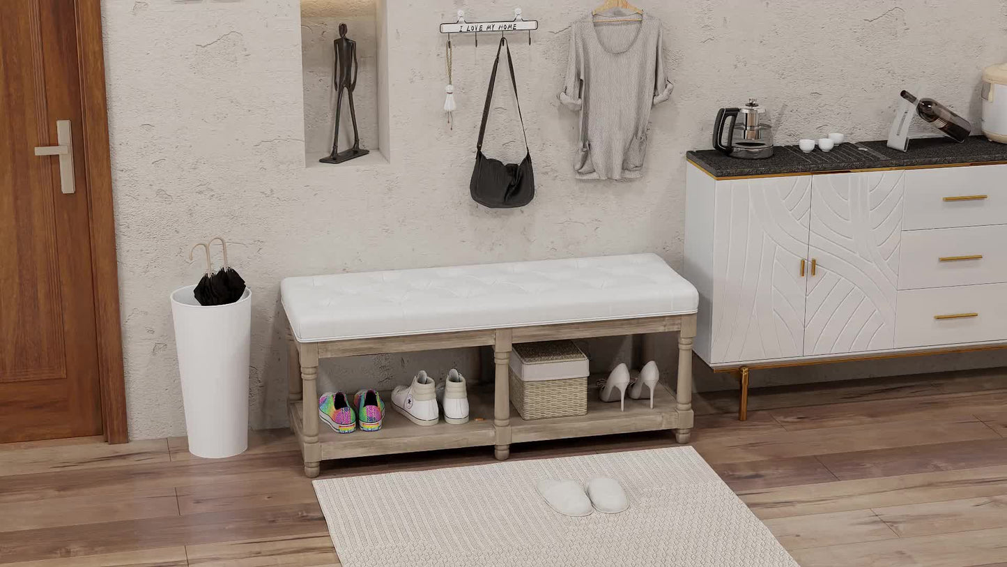 Schoenenbank – Schoenenrek – Halbank – Zitbank – Schoenenkast – Linnen Beige Bekleding – Rubberhout – 115x40x48 cm – Open Opbergruimte – Comfortabel Zitkussen