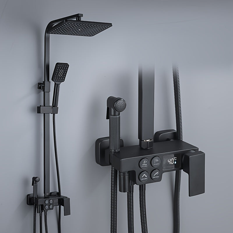 Doucheset – Douche Systeem – Regendouche – Handdouche – Baduitloop – Zwart – Vierfuncties Thermostaatkraan – Digitaal Temperatuur Display