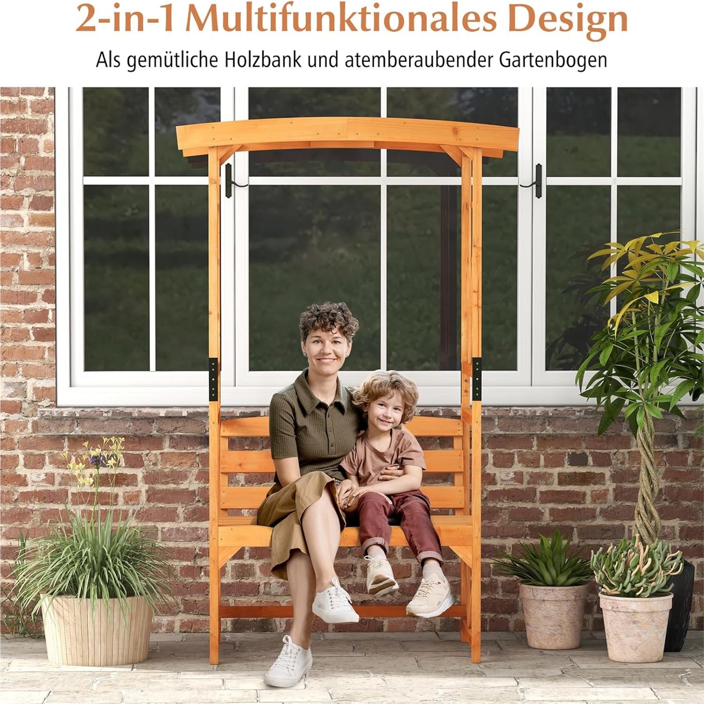 Rozenboog met Bankje – Houten Tuinboog – Klimplant Steun – Tuinbankje – Pergola – 2-Zits Bank – Weerbestendig Dennenhout – 120 x 58 x 189 cm