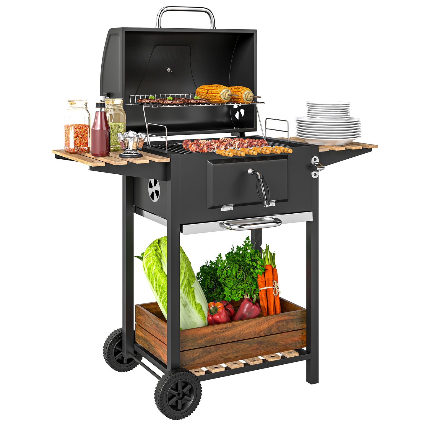 Houtskoolbarbecue – BBQ – Barbecue – Smoker – Grill – Verstelbaar Kolenrooster – Ingebouwd Thermometer – Compact Met Wielen – Met Deksel