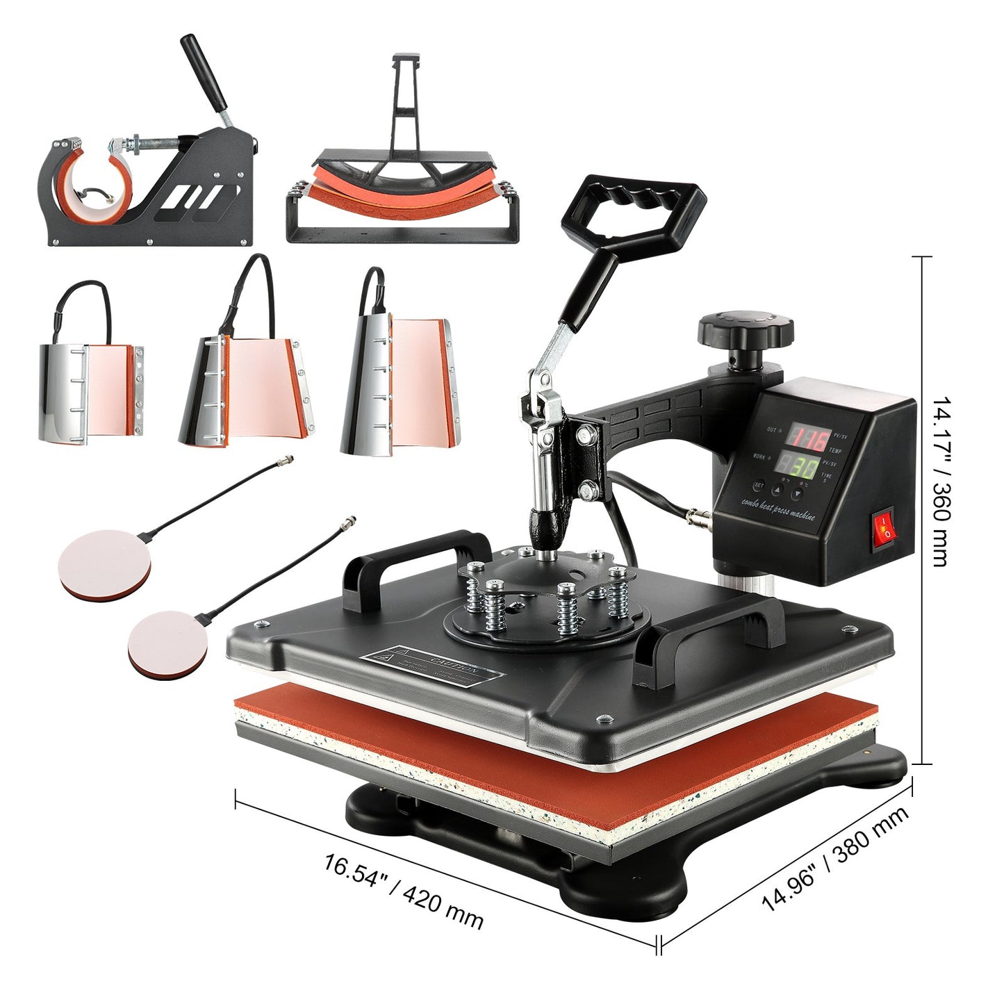 Warmtepers – Transferpers – Textielpers – T-shirt Pers – 8-in-1 Multi Heat Press – 1250W Vermogen – 38x30 cm Verwarmingsoppervlak – Digitale LCD Bediening – 360° Draaibare Arm – Zwart