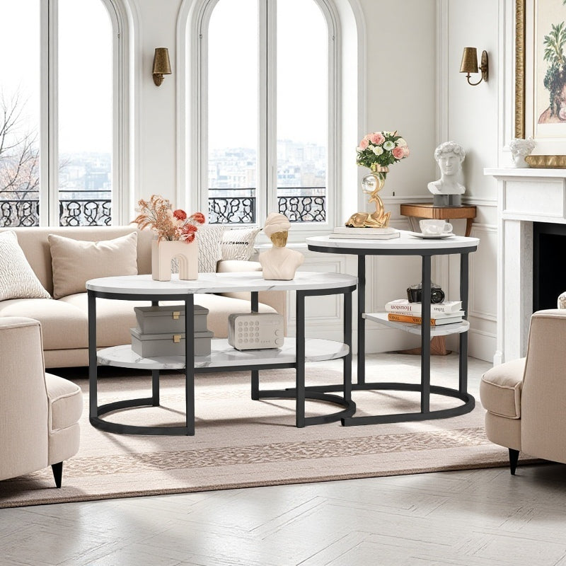 Salontafel Set – Woonkamertafel – Koffietafel – Bijzettafel – Opbergbank – Ronde en Ovale Tafels – Houten Blad met Metaal Frame – Dubbele Opbergruimte