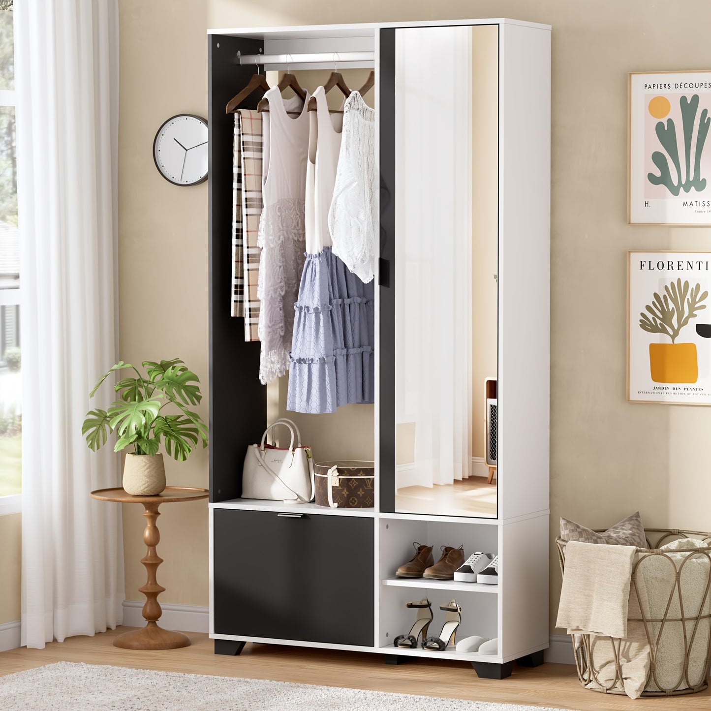 Witte Slaapkamerkast – Kledingkast – Opbergkast – Garderobekast – Spiegelkast – Compact Vrijstaand Design – Ruim Met Spiegel 144x55 cm – Hoogwaardig Massief Hout