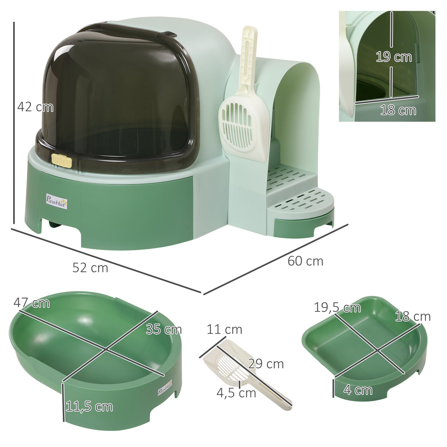 Kattenbak – Kattentoilet – Gesloten Bak – Overdekte Kattenbak – Hygiënische Kattenbak – Groen – Duurzaam Polycarbonaat – Uitneembare Bodem Met Schep