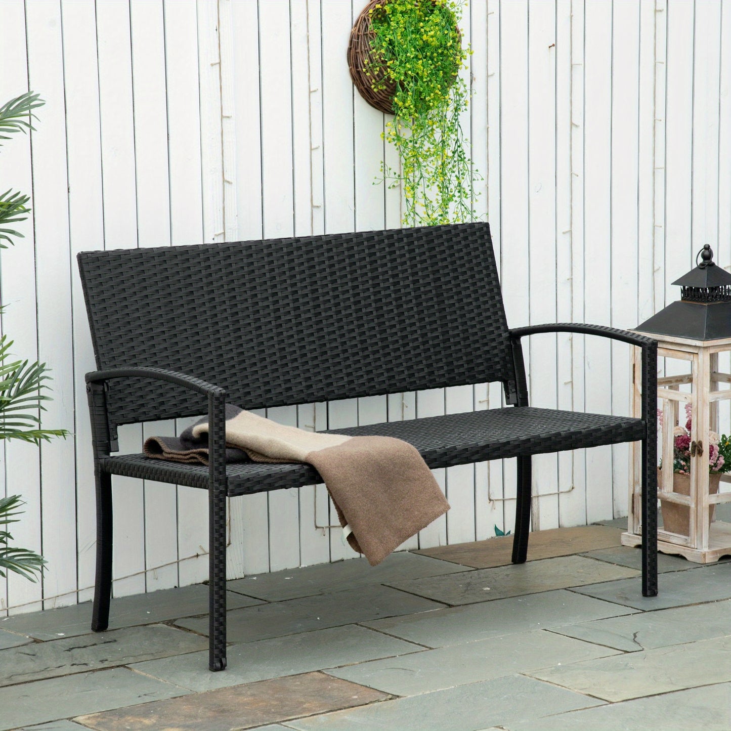 Tuinbank – Buitenbank – Parkbank – Loungebank – Zitbank – Polyrattan – Met Stalen Frame – 2-Zits – Weerbestendig – 122x60x87 cm – Zwart