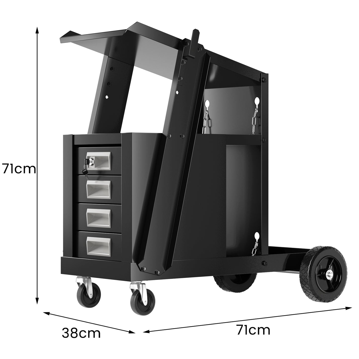 Laswagen – Lastewagen – Lasgereedschapwagen – Mobiele Lastrolley – Zwart – 4 Laden – Gasflesberging met Veiligheidsketting – Stevig Metalen Frame