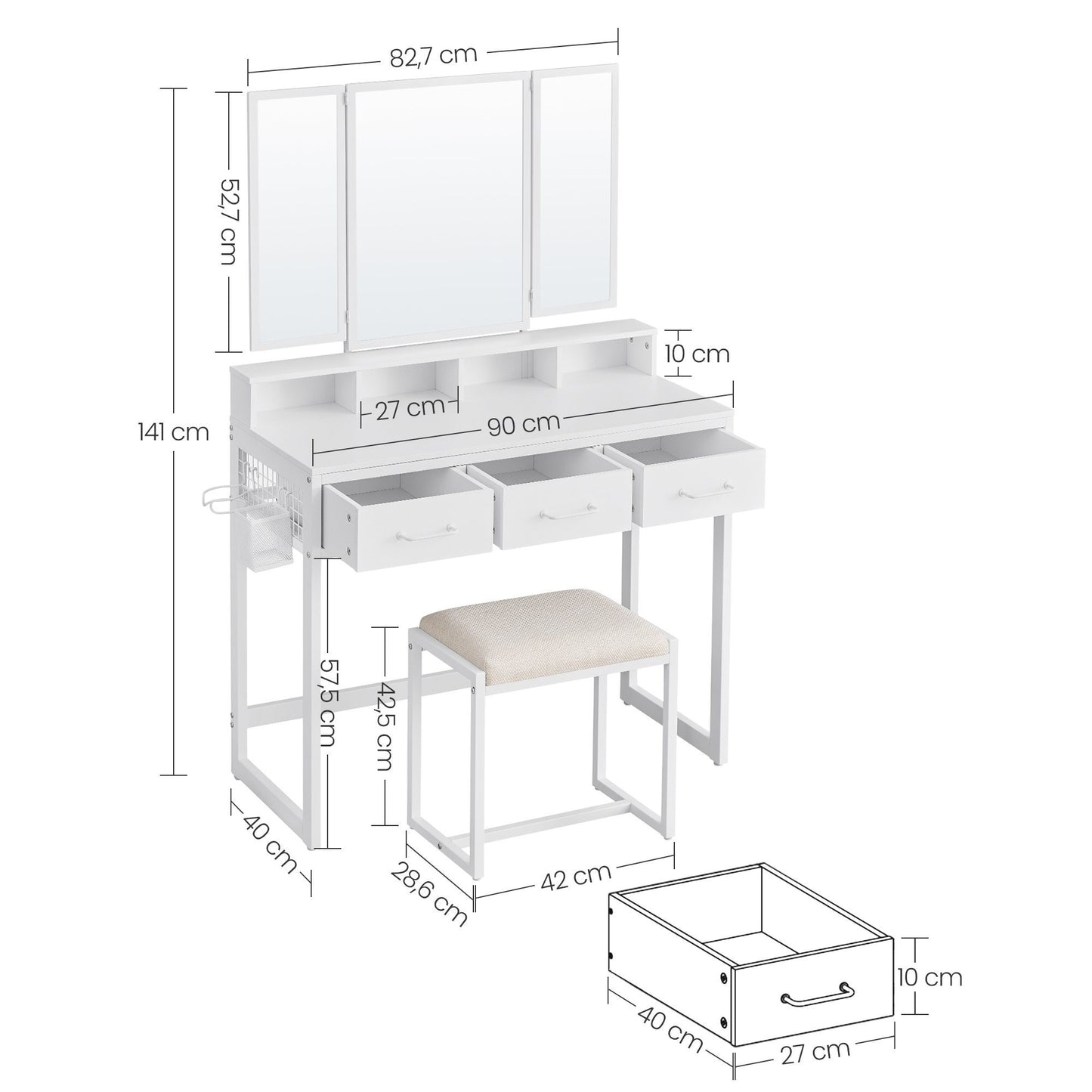 Kaptafel – Make-up Tafel – Cosmeticatafel – Opmaktafel – Opbergtafel – Wit – Drieluikspiegel – 3 Lades – Föhnhouder – Stijlvol Met Metalen Frame