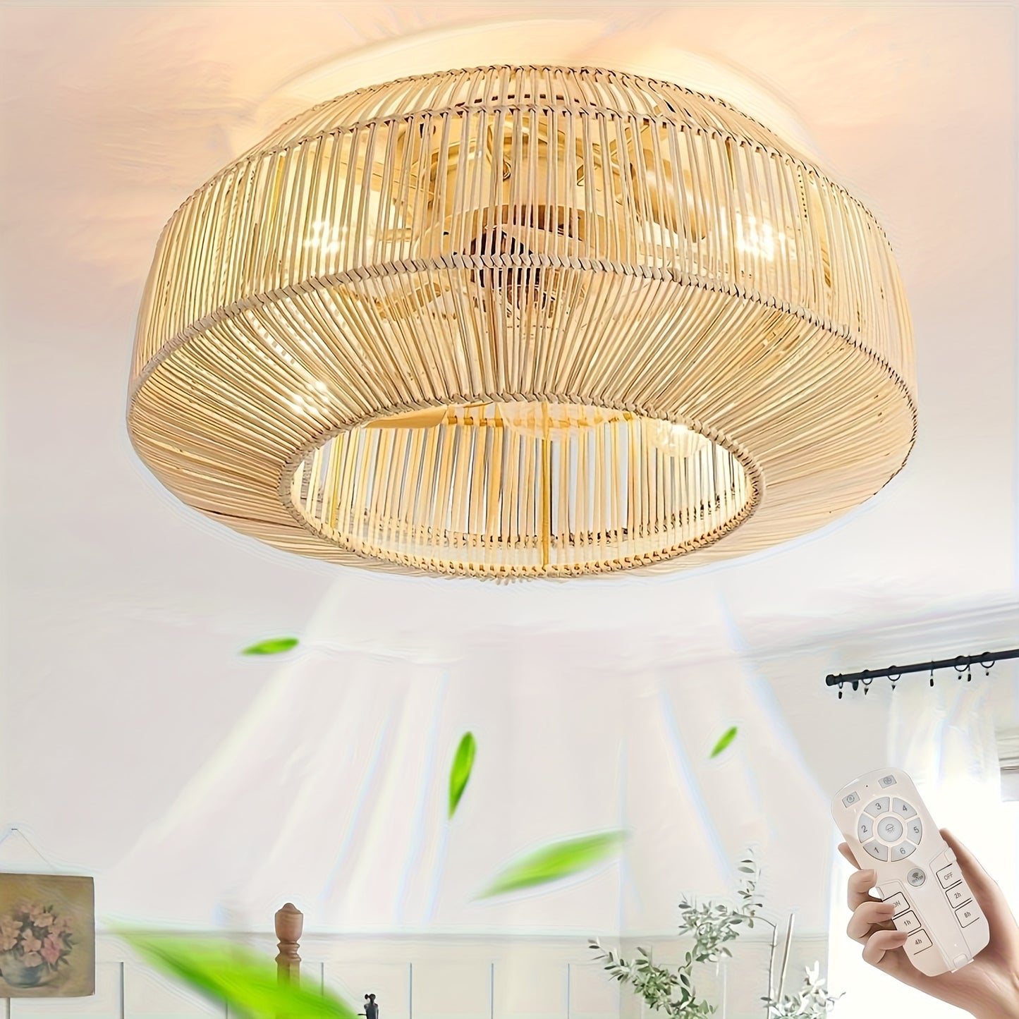 Plafondventilator – Ventilator Plafond – Plafondlamp Ventilator – Plafonniere – Boho Ventilator – 50,8 cm – Rattan Design Met Afstandsbediening & 6 Snelheden