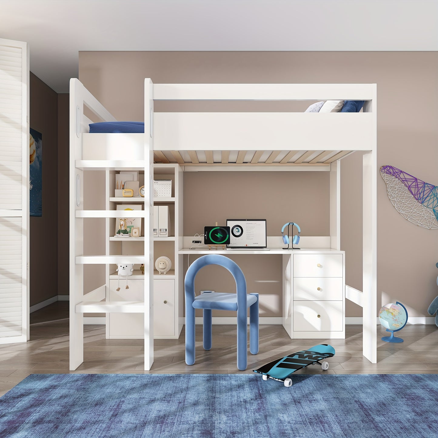 Loft Bed, Desk, Wardrobe And Filing Cabinet with Stairs And Slatted Shelves, Storage Space, 90 X 200, Mattress Not Included