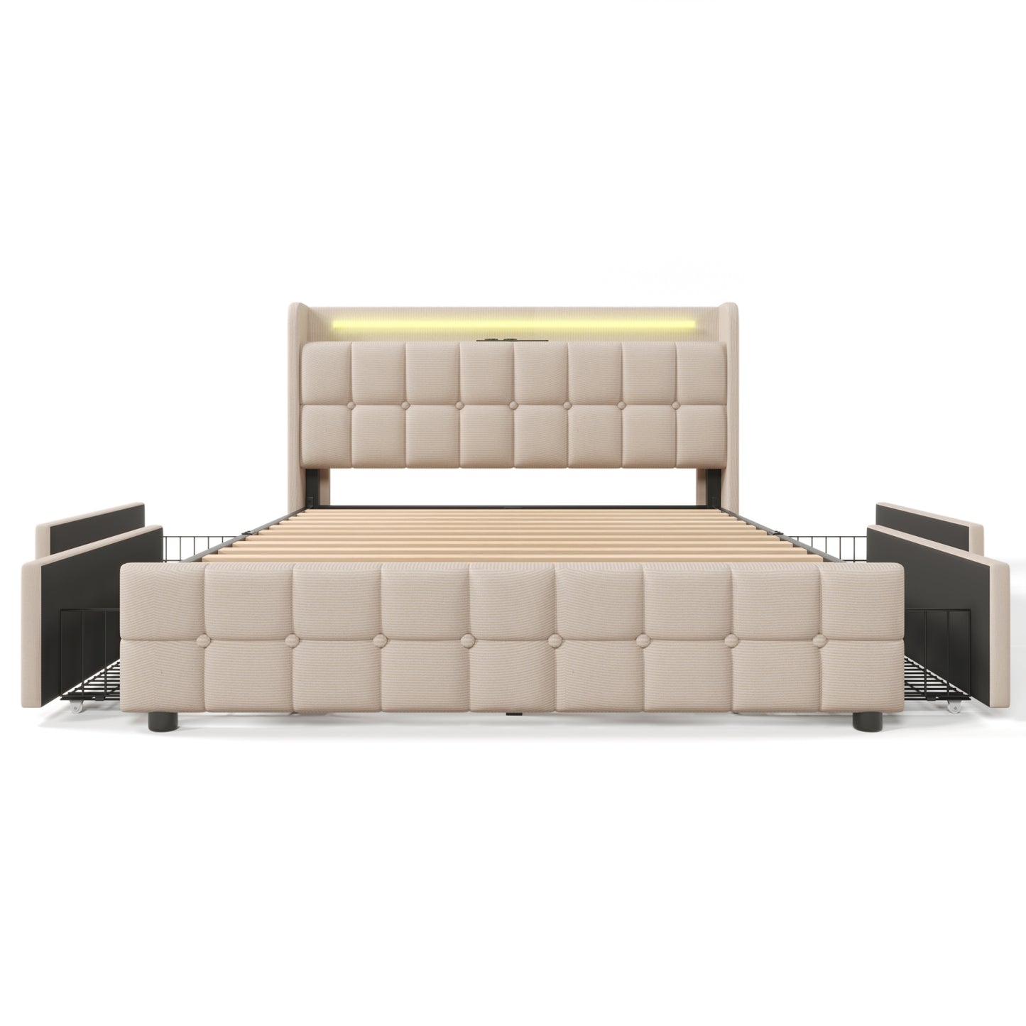 Bedkast 160x200 – Gestoffeerd Bed – Tweepersoonsbed – Opbergbed – Boxspringbed – Linnen Bekleding – 4 Ruime Lades – Lattenbodem