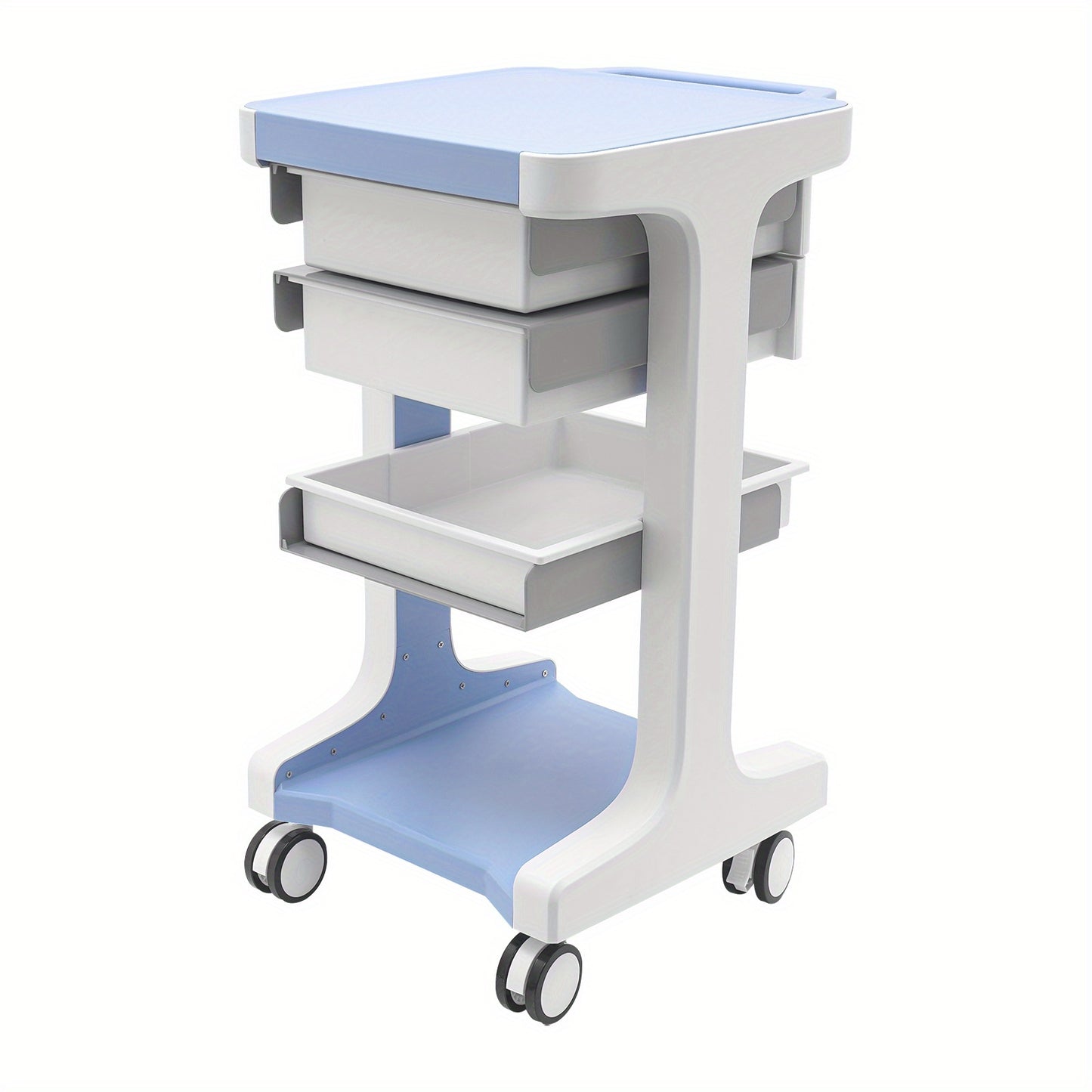 A Three-Tier Storage Cart in Blue And White Featuring Two Drawers, Capable of Holding Up to 49.9 KG. Made from ABS Material, This Mobile Trolley Is Ideal for Use in Beauty Salons, Spas, And Laboratories., For Wardrobes, Pharm