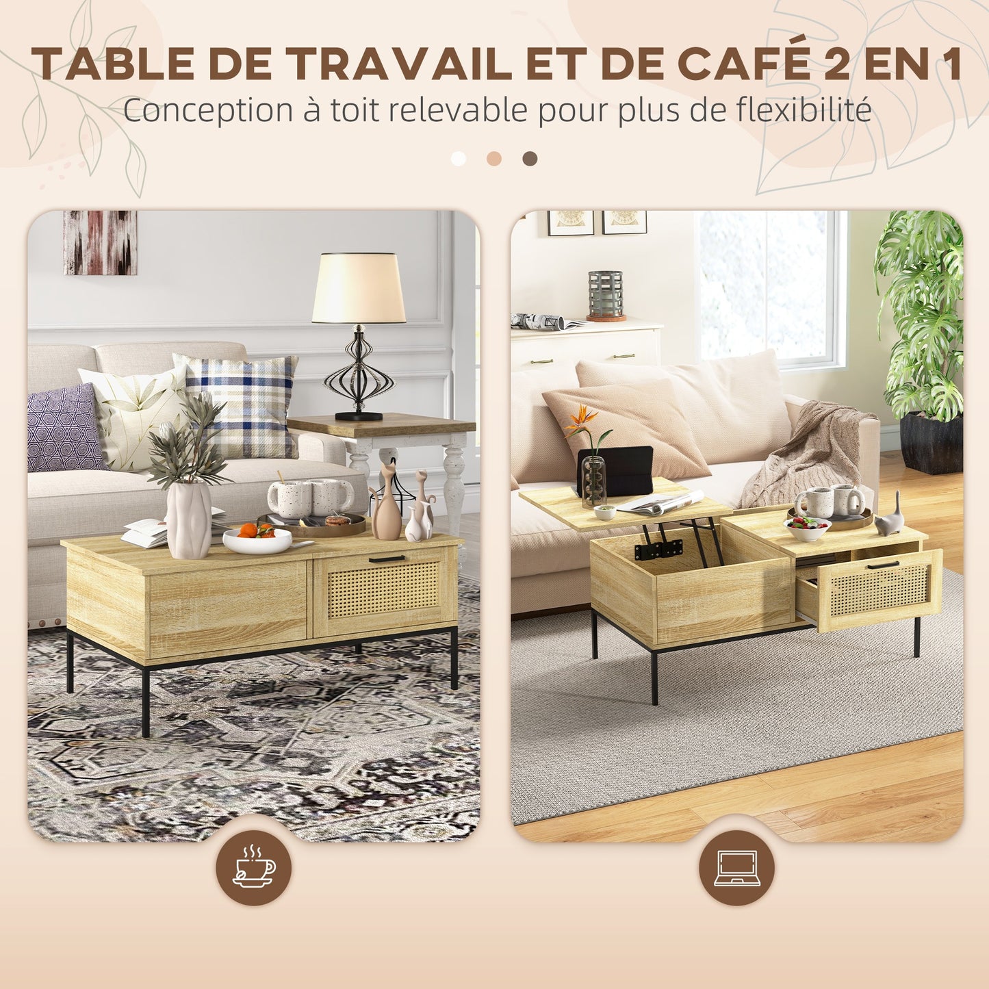 Salontafel – Koffietafel – Woonkamertafel – Bijzettafel – Tafelblad Met Verhoger – 2 Grote Lades – Stalen Poten – 106 x 56,3 x 48 cm – Natuurlijke Houtlook