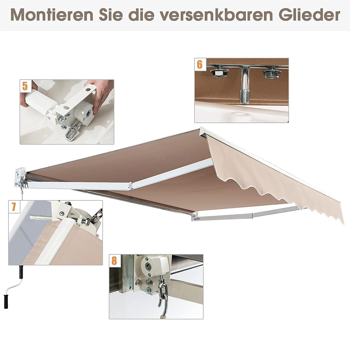 Uitvalzonwering – Knikarmzonwering – Terraszonwering – Balkonzonwering – Handbediende Zonnescherm – 300x250 cm – Aluminium Frame & Verstelbare 40-100° Hoek – Water- en UV-bestendig Khanaki Doek