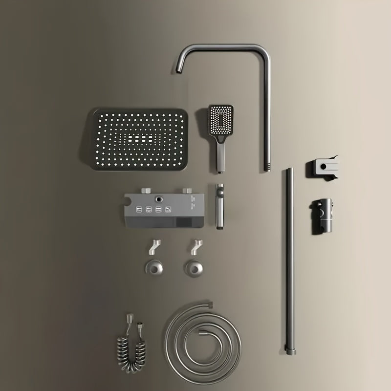 Doucheset – Regendouche – Douchegarnituur – Handdouche – Thermostaatkraan – 4-standen waterdruk – Digitaal Temperatuurdisplay – Mat Donkergrijs RVS