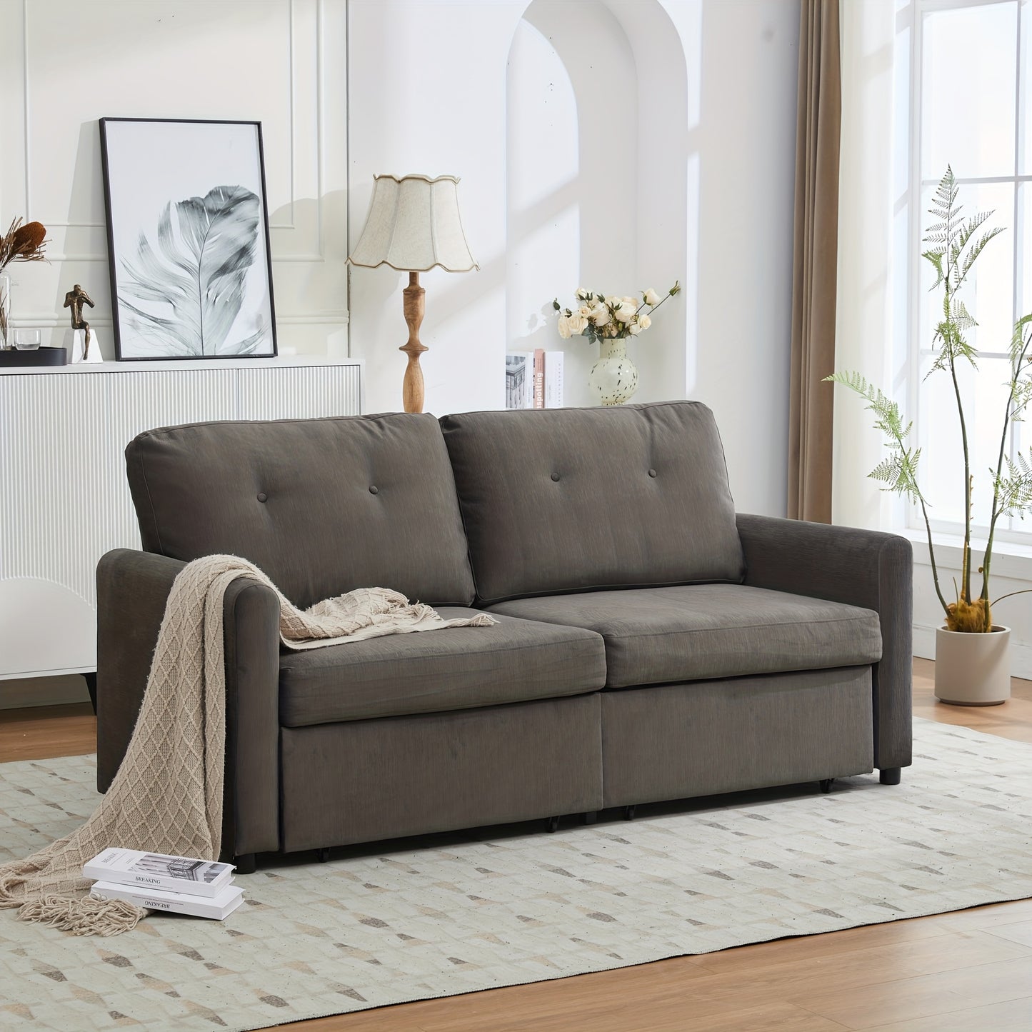 Tweezitsbank – Compacte Bank – Minimalistische Sofa – Stijlvolle Couch – Tweepersoonsbank – Opberglade – Duurzaam Bamboe – Donkergrijs