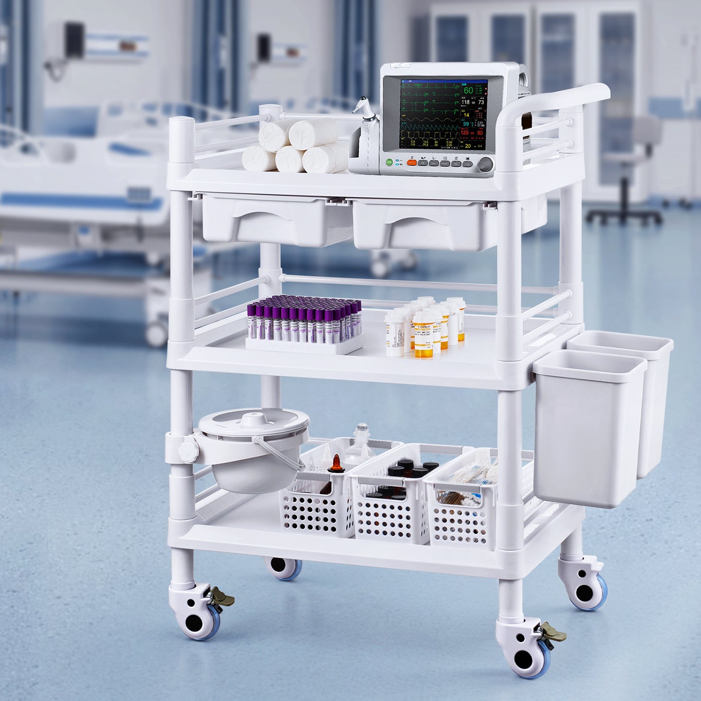 Medische Trolley – Mobiele Werkkar – Opslagwagen – Laboratoriumkar – Kliniektrolley – 3 Lagen Met 3 Afvalbakken – Duurzaam PP-Materiaal – 4 Stille Wielen