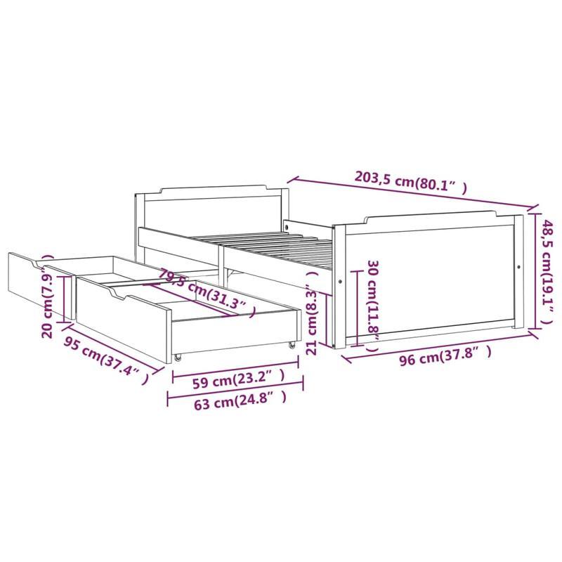 Bedframe – Bedbodem – Slaapbank – Eenpersoonsbed – Logeerbed – Massief Dennenhout – Ingebouwde Opberglades – Montagesysteem Zonder Gereedschap – 90x200 cm – Minimalistisch Design