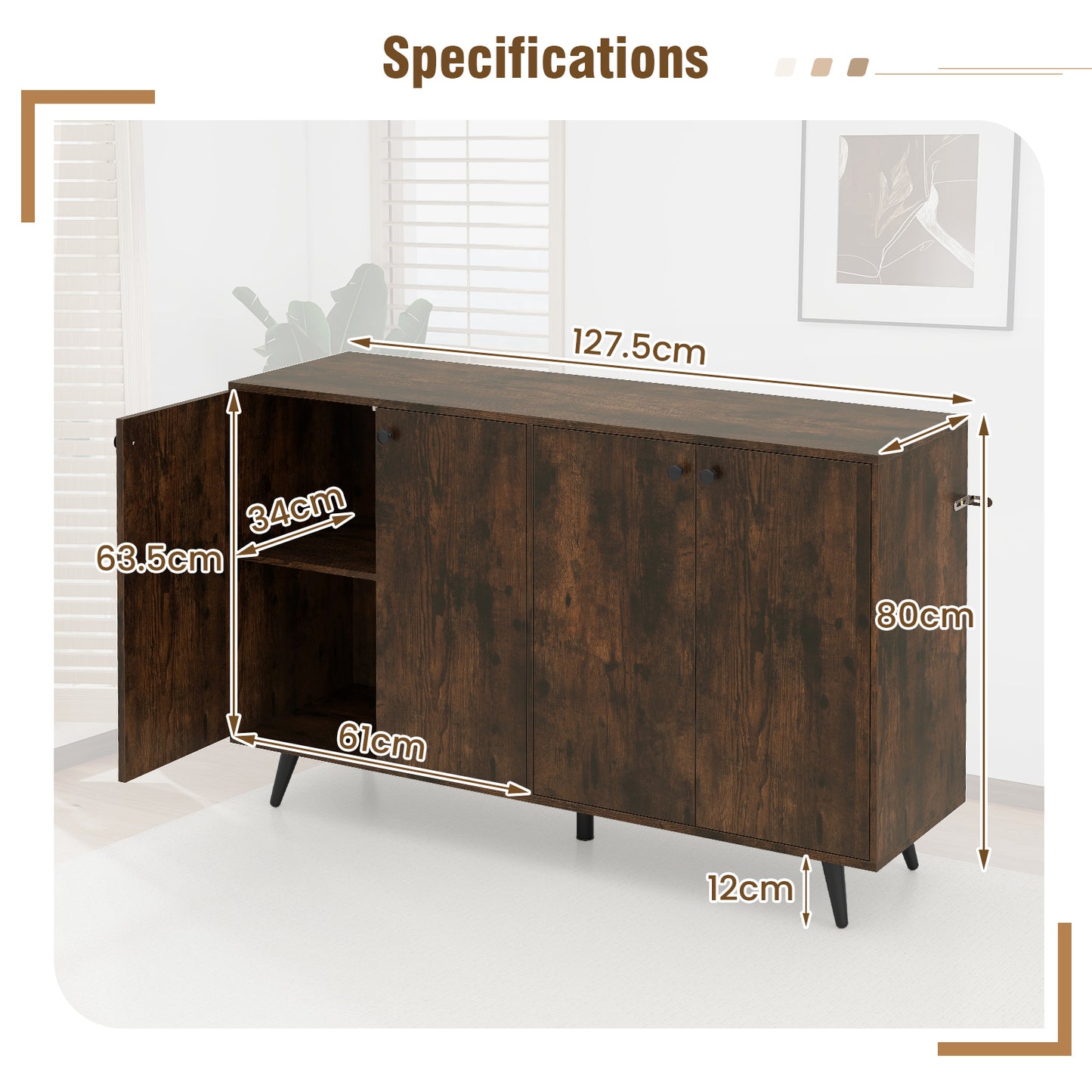 Scandinavisch Buffet – Dressoir – Opbergkast – Kast – Wandmeubel – Industrieel Design – Verstelbare Planken – Stevig Bovenblad 40 kg