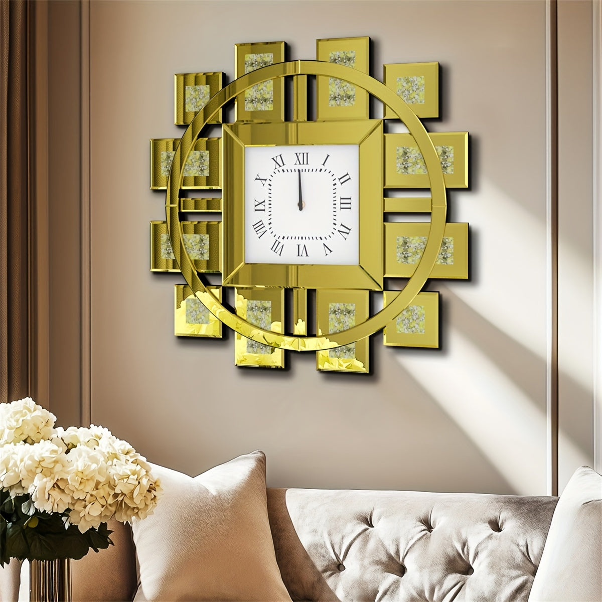 Ronde Wandklok – Spiegelklok – Kristalklok – Diamanten Klok – Glazen Klok – 60 cm Diameter – Fonkelende Verlijmde Kristallen – Stil Quartz Uurwerk