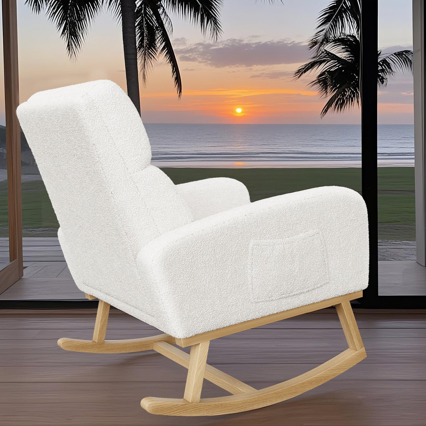 Schommelstoel – Schommelstoel met Wol – Loungestoel – Relaxstoel – Wit – Zachte Schapenwolvulling – Hoge Ergonomische Rugleuning