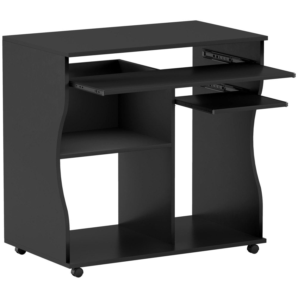 Comput Bureau – Computertafel – Werkplek Tafel – Bureau Met Opbergruimte – Keyboardlade – Compact 80x48x75 cm – Stevig Matzwart Met Vijf Wielen