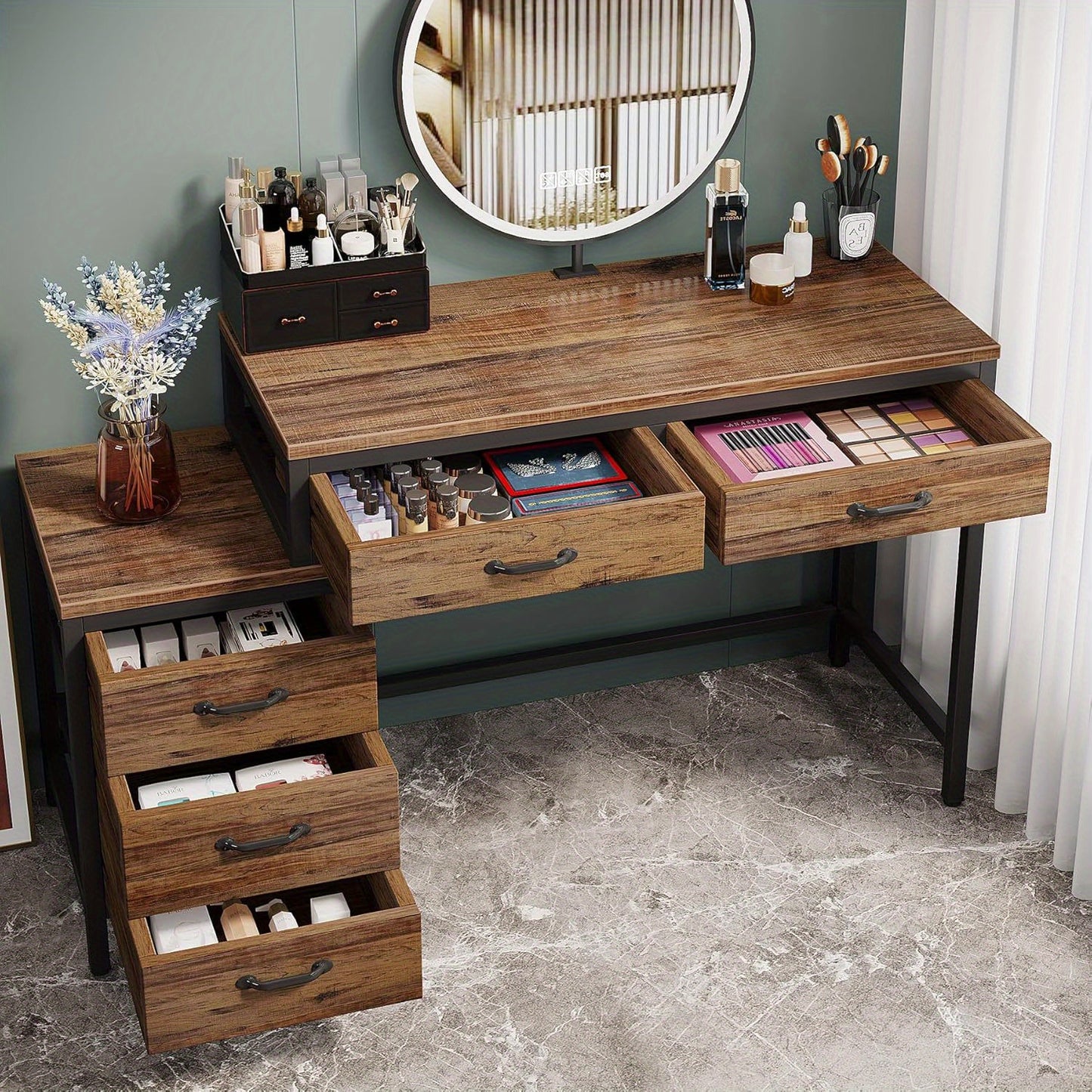 Make-up tafel – Kaptafel – Schminktafel – Make-up bureau – Make-up organizer – Vintage stijl – 5 lades met omkeerbare zijlade – Stabiel metalen frame