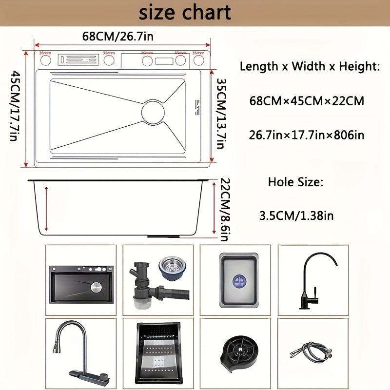 Keukenspoelbak – Spoelbak – Wasbak – Gootsteen – Enkele Kom – Zwart Roestvrij Staal – Grote Afmeting 68x45x22 cm – Inclusief Mengkraan en Accessoires