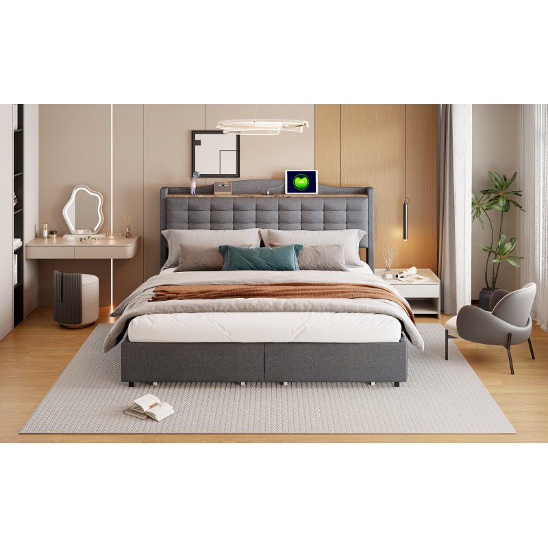 Ledikant 160x200 – Tweepersoonsbed – Bedframe – Opbergbed – Gestoffeerd Bed – Linnen Stof – Ingebouwde Oplaadpoort – 4 Laden Opbergruimte