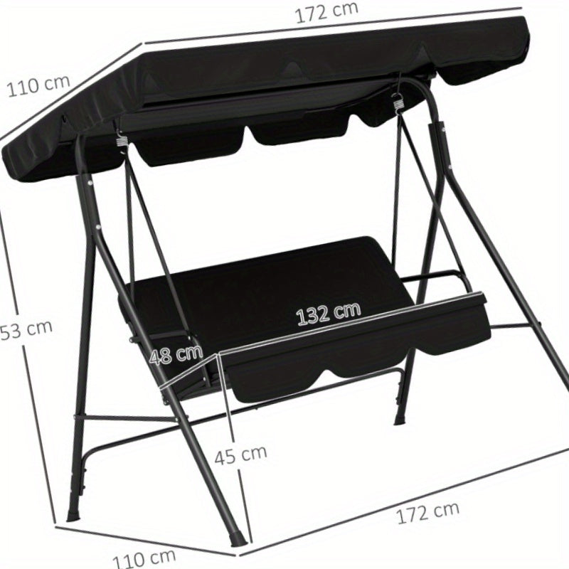 3-zits Tuinschommel – Tuinbank Schommelstoel – Buitenbank Schommel – Terrasschommel – Tuinmeubel Schommel – Verstelbaar Dak – Stabilisator Stalen Frame – Zwart – 172x110x153 cm