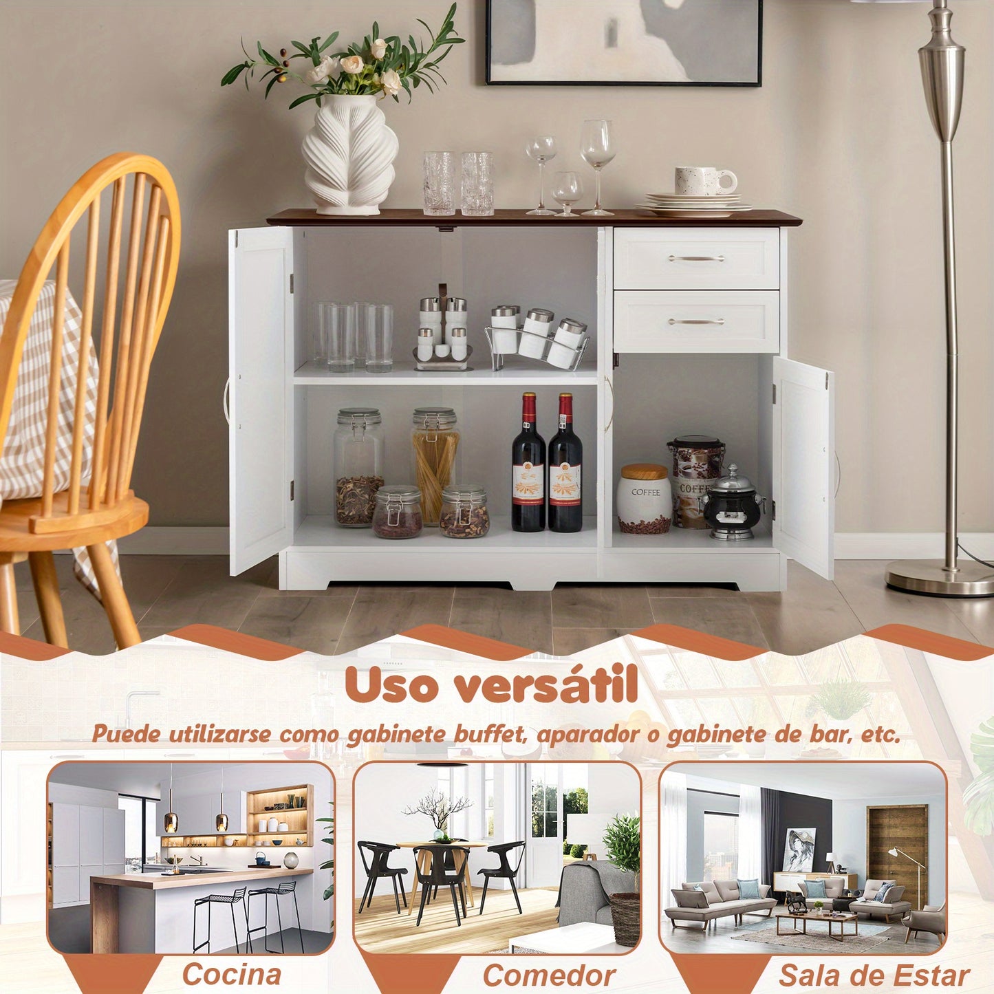 Opbergkastje – Kastje – Dressoir – Buffetkast – Keukenkast – Wit – 100x40x78 cm – Verstelbare plank & Stevig MDF metaal