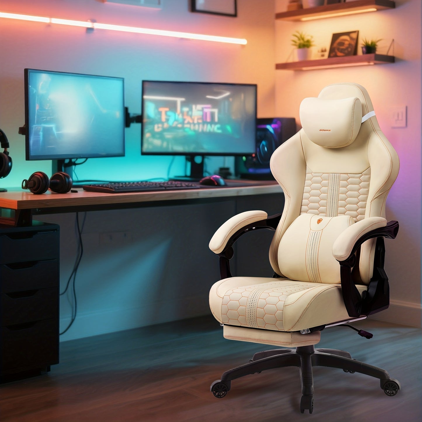 Ergonomische Bureaustoel – Gaming Stoel – Kantoorstoel – Bureaustoel Met Lendensteun – Werkstoel – Verstelbare Zithoogte – Uitschuifbare Voetensteun – Beige