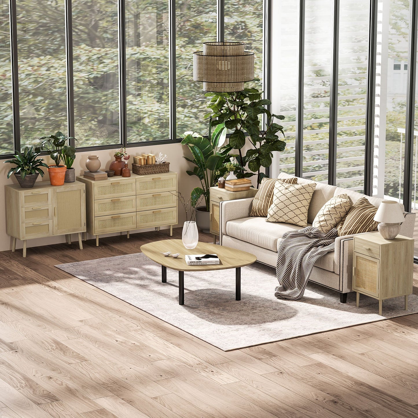 Opbergkast – Ladekast – Commode – Kast – Dressoir – 6 Lades – Rotan Geweven Front – Licht Hout – Compact Formaat – Stevige Constructie