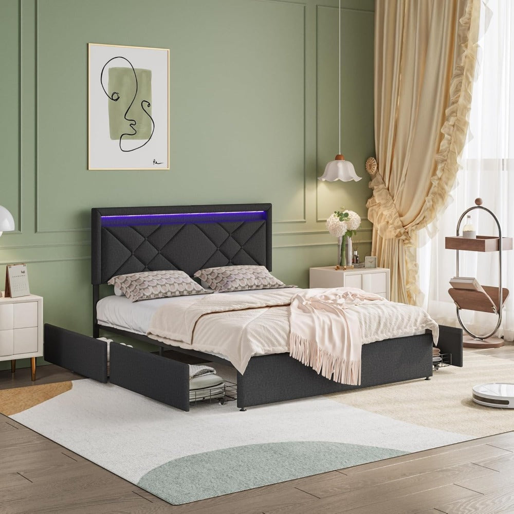 Bedkast – Tweepersoonsbed – Opbergbed – Bed Met Laden – Gestoffeerd Bed – 160x200 cm – LED Hoofdbord Met Afstandsbediening – USB Oplaadpoort