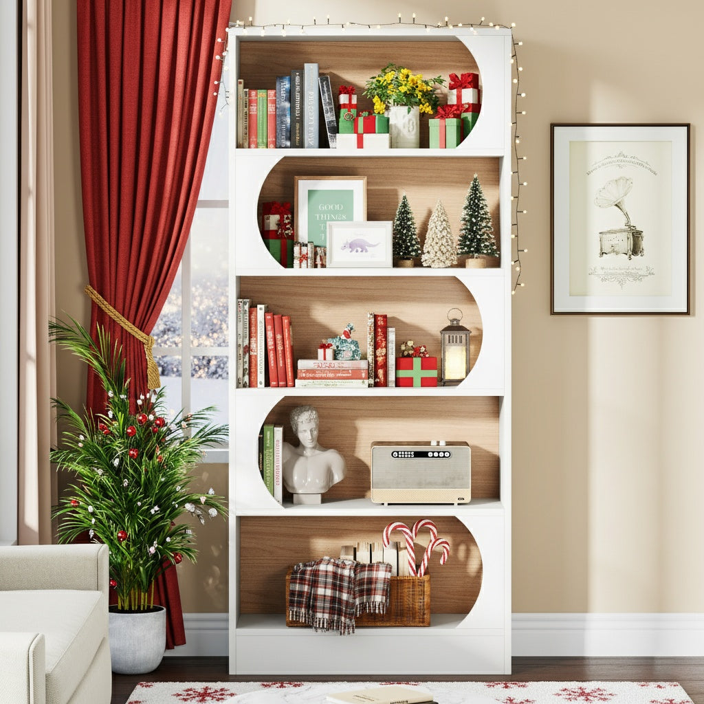 Boekenplank – Boekenkast – Boekrek – Opbergkast – Open Kast – 6-Laags – Wit – Modern Boogontwerp – Stevig Hardhout – Eenvoudige Montage