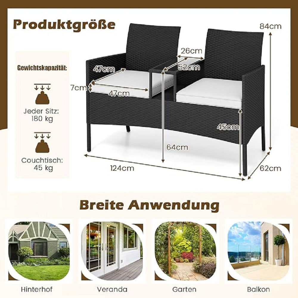 Tuinbank – Buitenbank – Buiten Zitbank – Rattan Bank – 2-Zits Bank – Ergonomisch Zitcomfort – Geïntegreerde Glazen Tafel