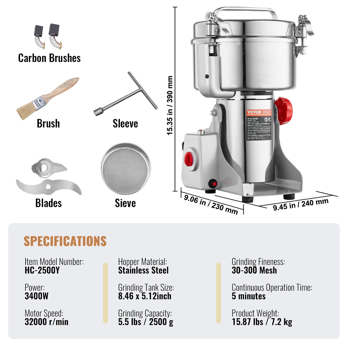 Elektrische Kruidenmaler – Graanmaler – Specerijenmolen – Koffiemolen – Poedermolen – 2500g Capaciteit – 3600W Motor – 270° Swing Ontwerp – RVS 403 Veilig