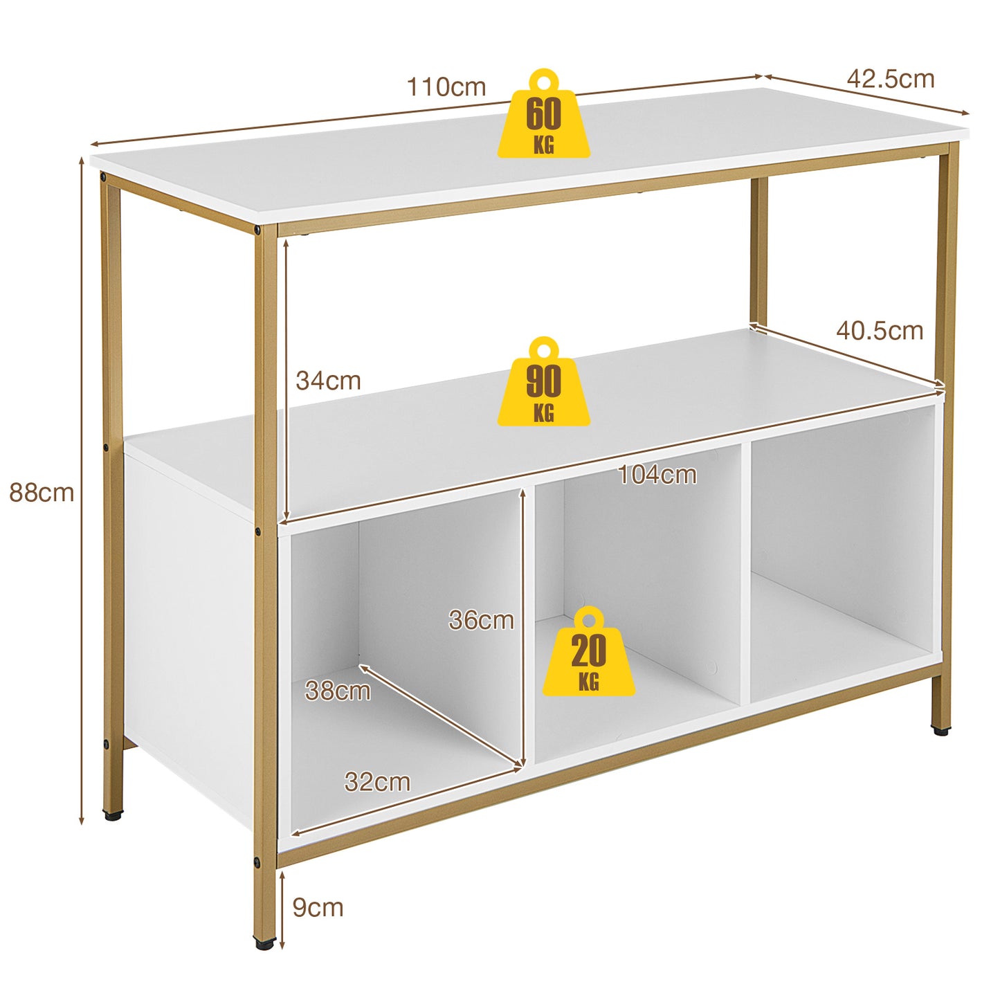 Buffetkast – Dressoir – Opbergkast – Keukenkast – Witte Kast – Stevig Hout en Roestvrij Staal – Ruime Open Plank en 3 Opbergvakken