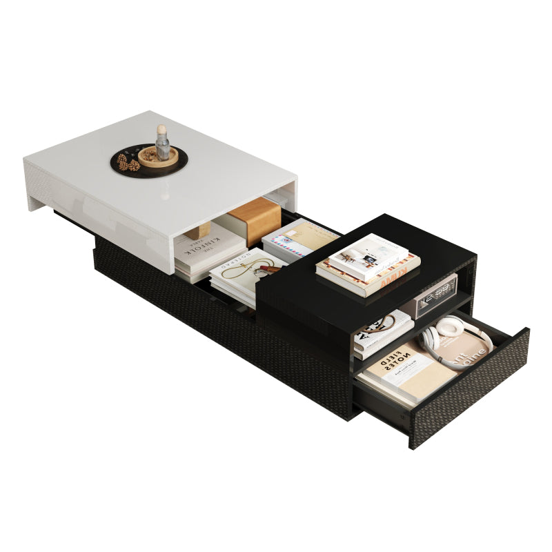Salontafel – Koffietafel – Woonkamertafel – Dressoirtafel – Bijzettafel – Hoogglans Spaanplaat – Grote Opberglade Met Schuifplaat – Geometrisch Zwart-Wit Design