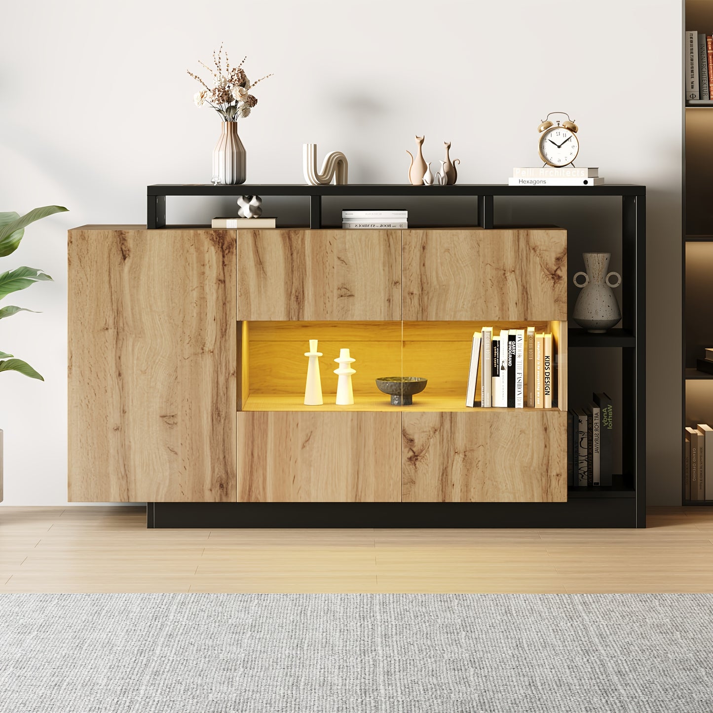 Modern Oak Veneer MDF Glazen Kast – Sideboard – Dressoir – Credenza – Opbergkast – Glazen Deuren – Zwart Frame – Eikenhout Afwerking – 68,58 cm Hoog – Zonder Spaanplaat