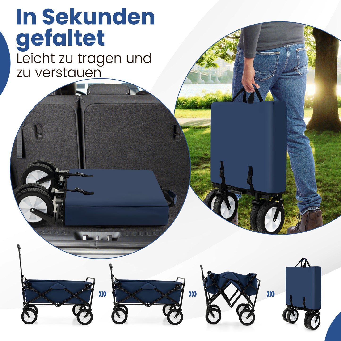 Vouwkar – Bolderkar – Trolley – Boodschappentrolley – Strandkar – 82L Opbergruimte – Roestvrij Metalen Frame – Compact Inklapbaar – Blauw