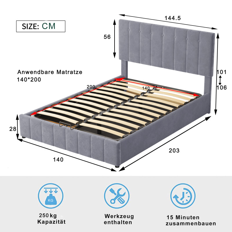 Gestoffeerd Tweepersoonsbed – Opbergbed – Slaapbank – Bedframe – Hydraulisch Bed – 140x200 cm – Fluwelen Hoofdbord – Metalen Lattenbodem