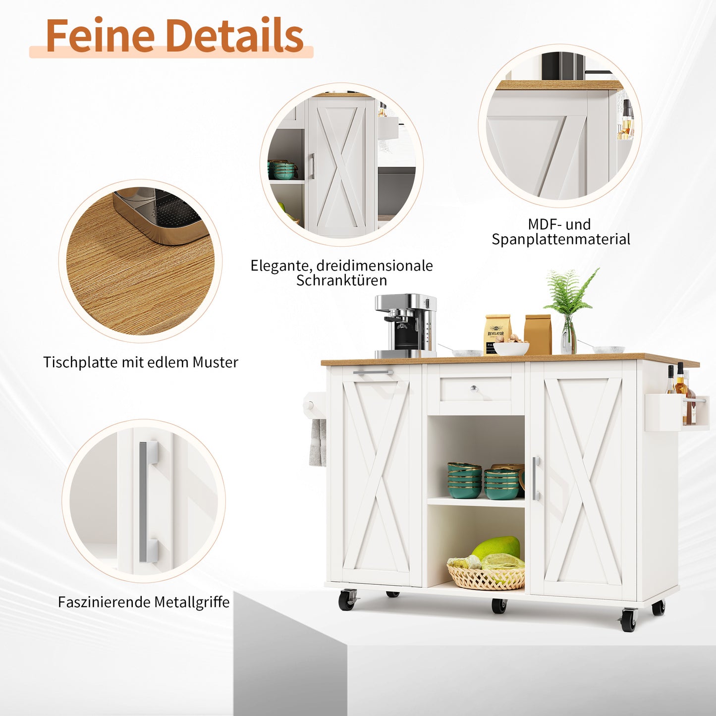 Keukeneiland – Keukentrolley – Keukenkast – Buffetkast – Serveerwagen – Inklapbaar Werkblad – Verstelbare Planken – MDF 3D Deuren – Metalen Handgrepen – Wit – 142×40/63×87 cm