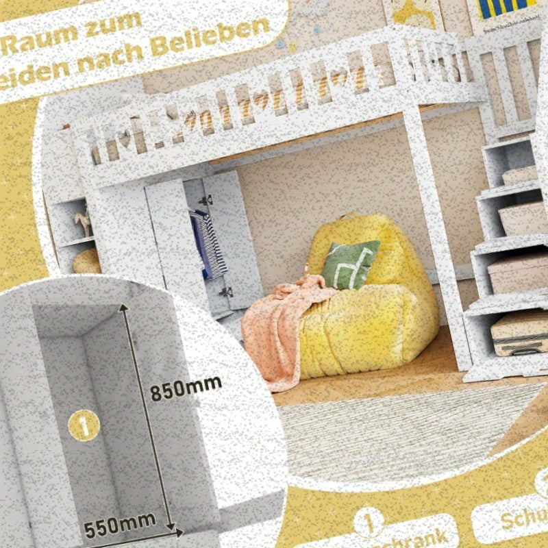 Hoogslaper – Opklapbaar Bed – Stapelbed – Kinderbed – Eenpersoonsbed – Wit Gelakt – Hartvormige Beveiliging – Opbergladder Met Planken – 90x200 cm – Zonder Matras