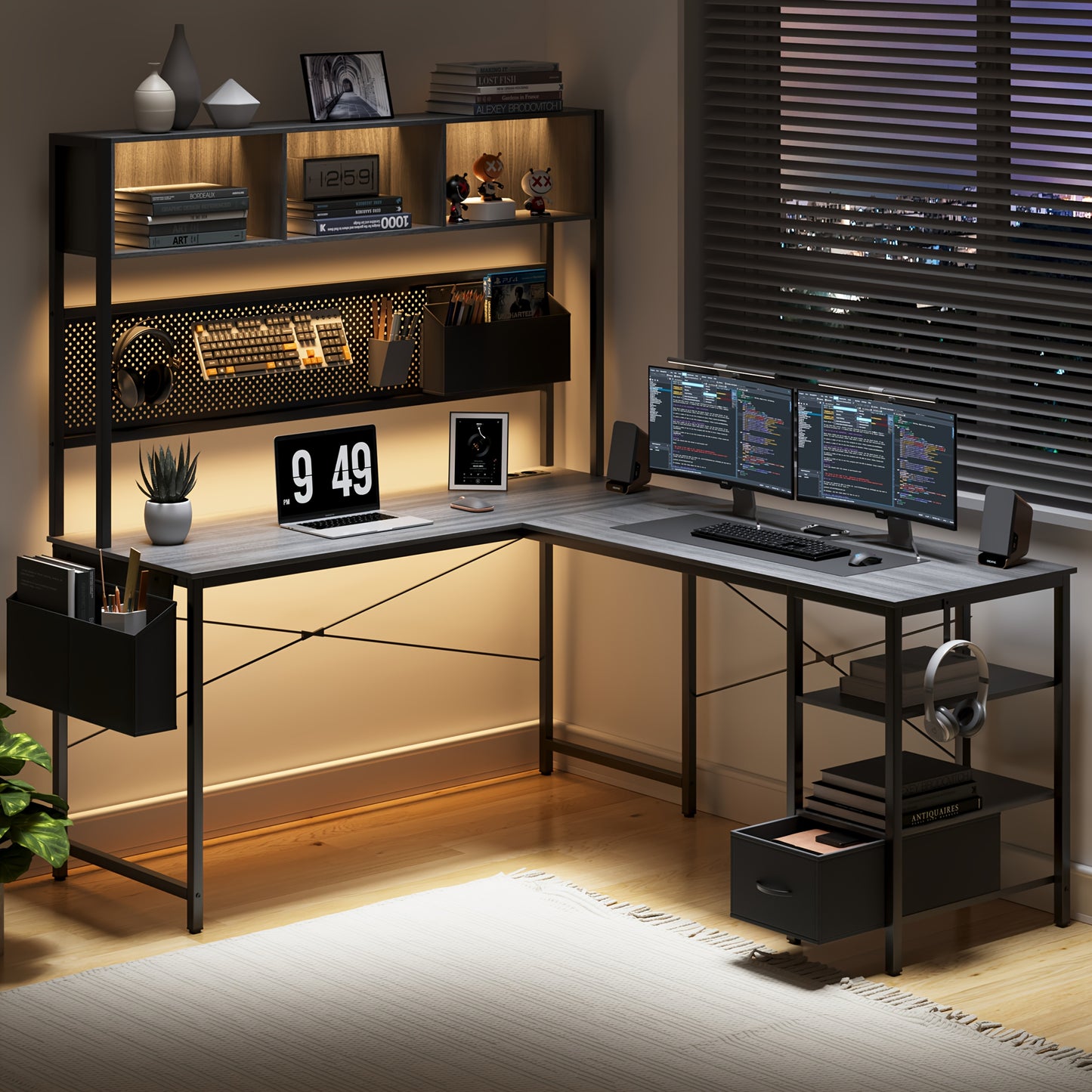L-vormig Bureau – Hoekbureau – Computerbureau – Studiebureau – Gamersbureau – Grijs – Stevig Metalen Frame – Praktisch Opbergrek