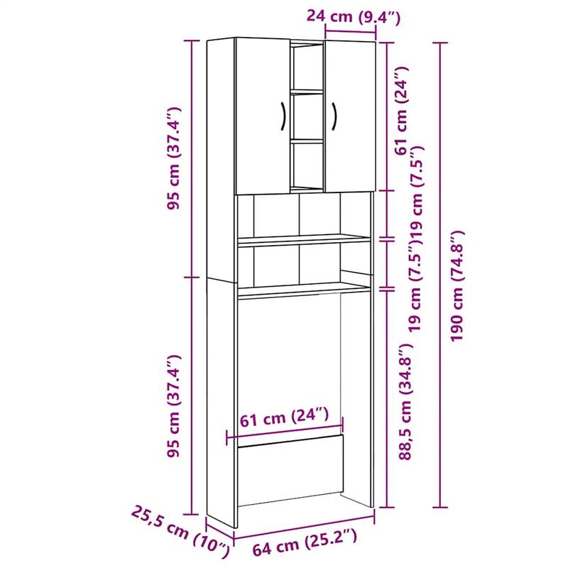 Wasmachinekast – Wasmachine Meubel – Wasmachine Ombouw – Opbergkast – Badkamerkast – Sonoma Eiken – 64x25,5x190 cm – Hoogwaardig Hout – Veel Opbergruimte