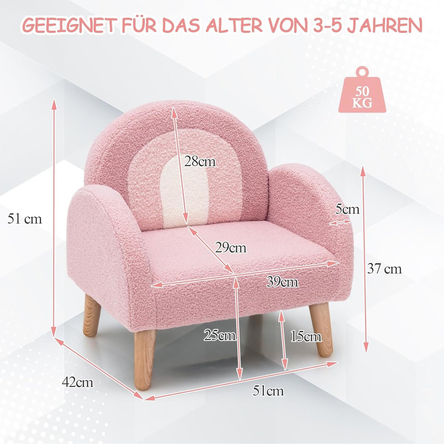 Kinderfauteuil – Kinderstoel – Kinderzetel – Peuterstoel – Peuterfauteuil – Teddy Velvet Bekleding – Stevige Massief Houten Poten – Ergonomisch Ontwerp – Voor Kinderen 3-5 Jaar – Roze Regenboog Design